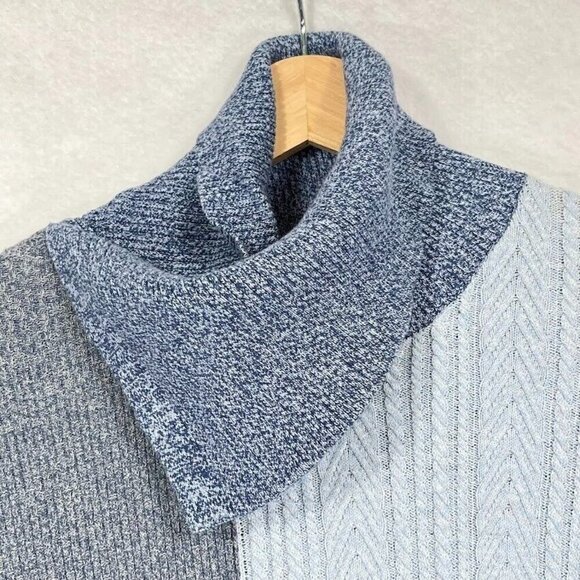 FDJ French Dressing Jeans Patchwork Cable Knit Turtleneck Sweater Blue XL - Picture 2 of 10